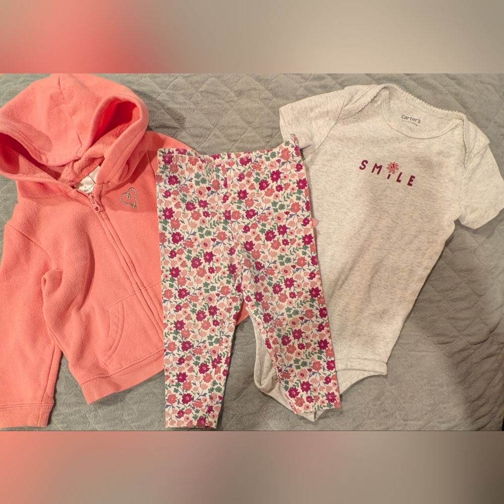 Carter's 18M Peach Hoodie, Floral Leggings, and Gray Onesie Set